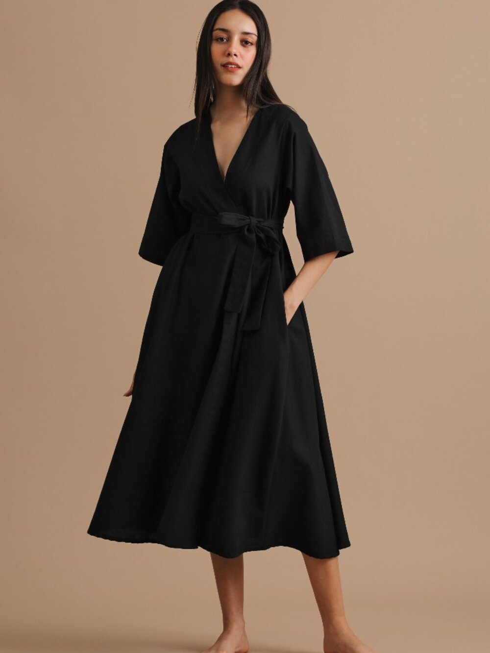 Turnblack Black Dahlia Flared Wrap Dress Cotton Linen Kimono Sleeves Pockets Siz